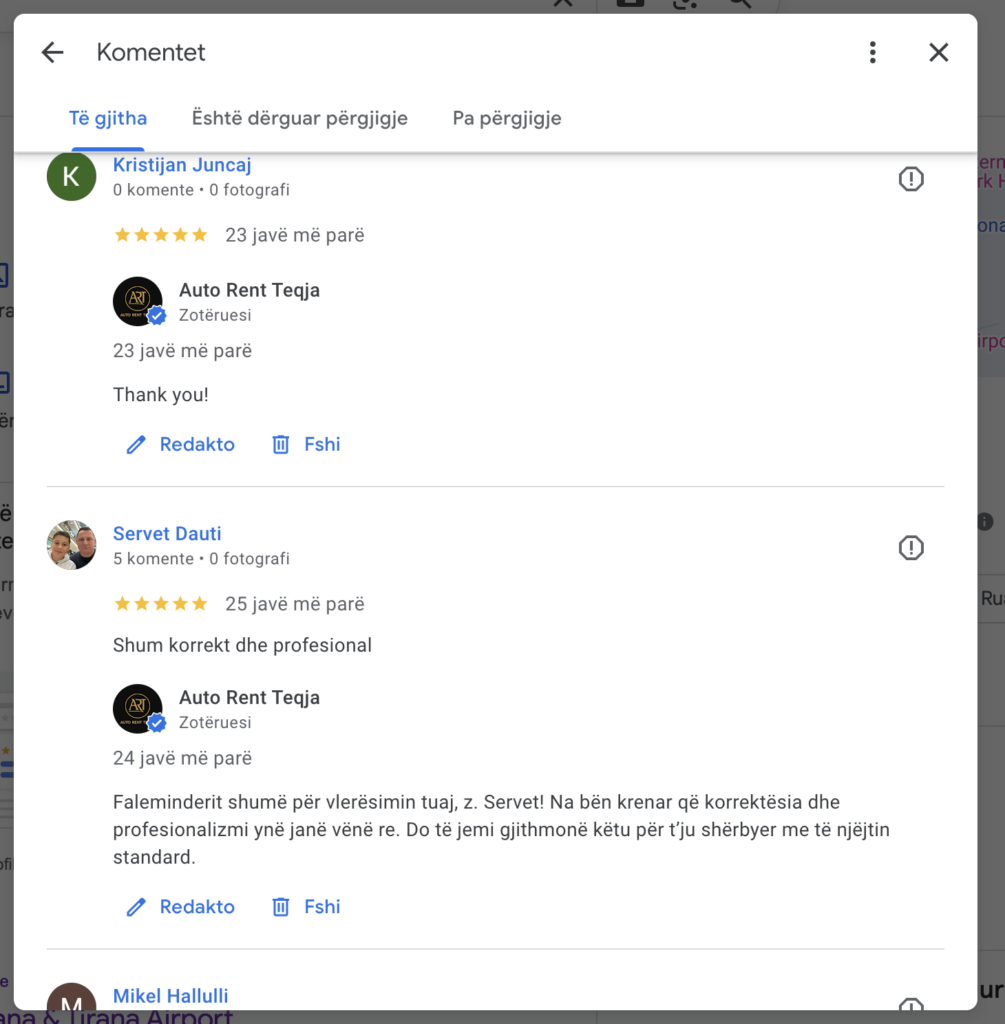 car rental Tirana 5 star Google review