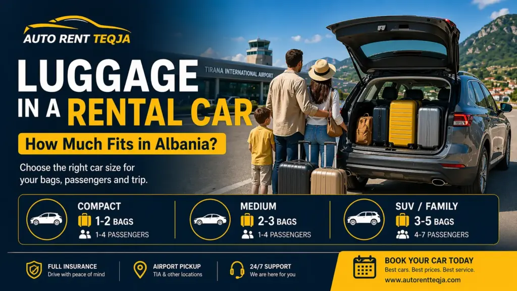 Luggage in a rental car in Albania with enough trunk space for travel