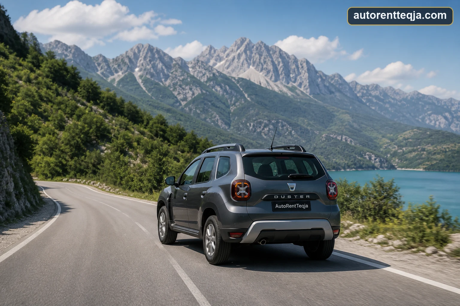 Auto Rent Teqja Dacia Duster rental car on a scenic road through the Albanian Alps