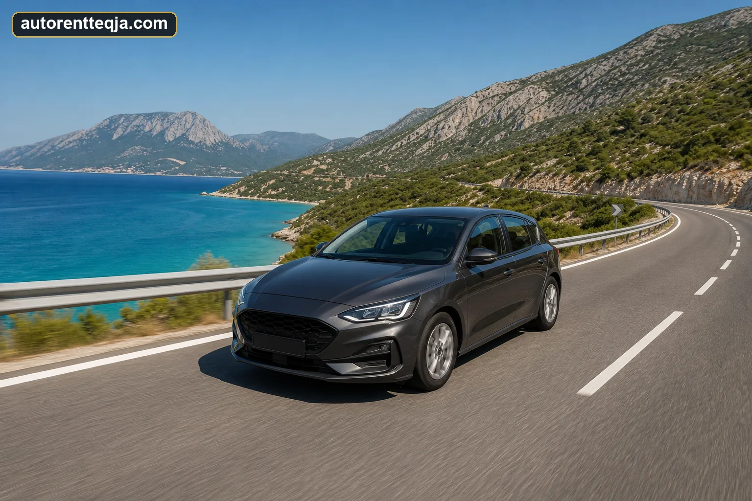 Automatic rental car driving on a paved coastal road in Albania