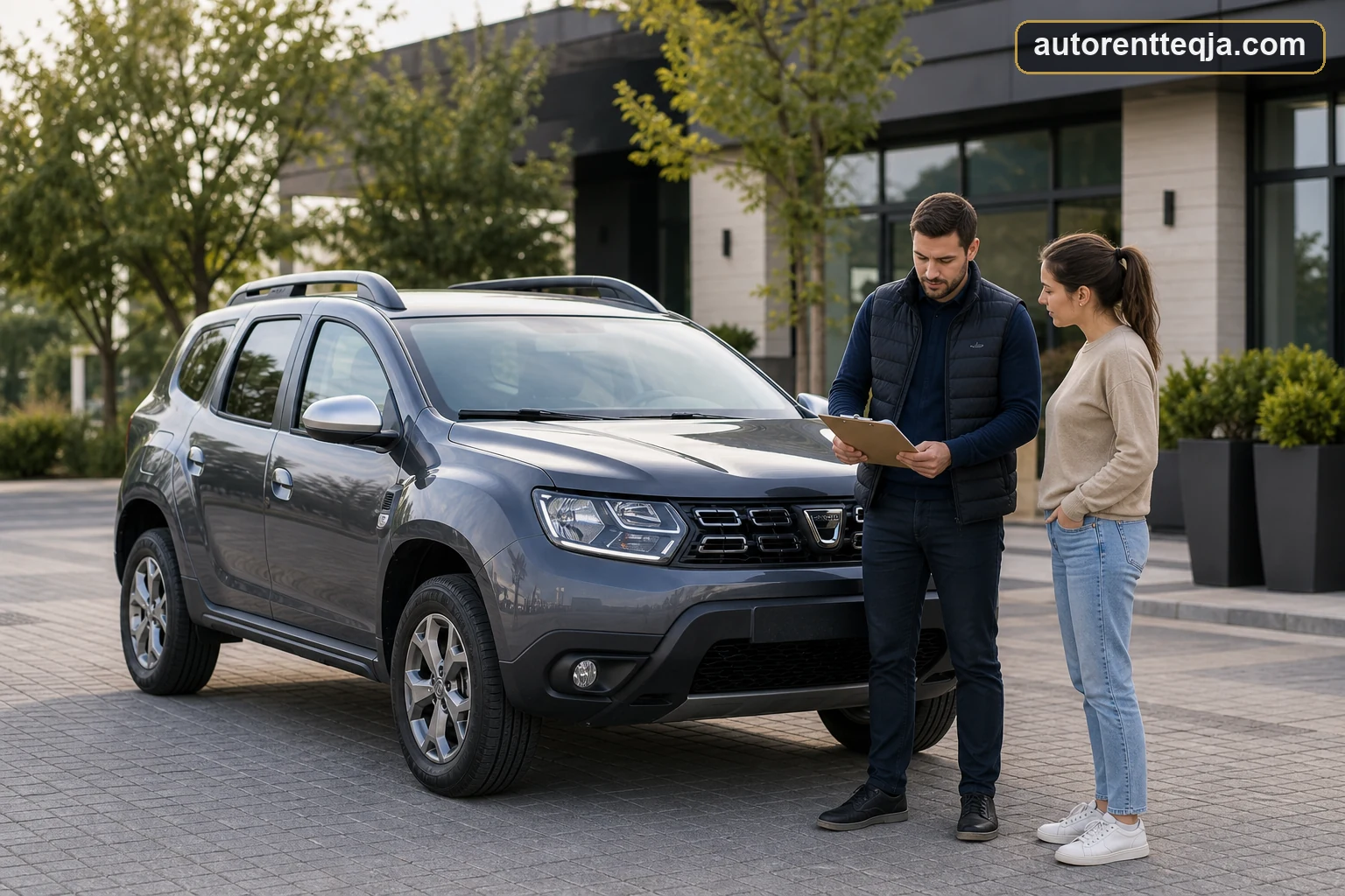 Customer reviewing a long-term rental vehicle handover with Auto Rent Teqja