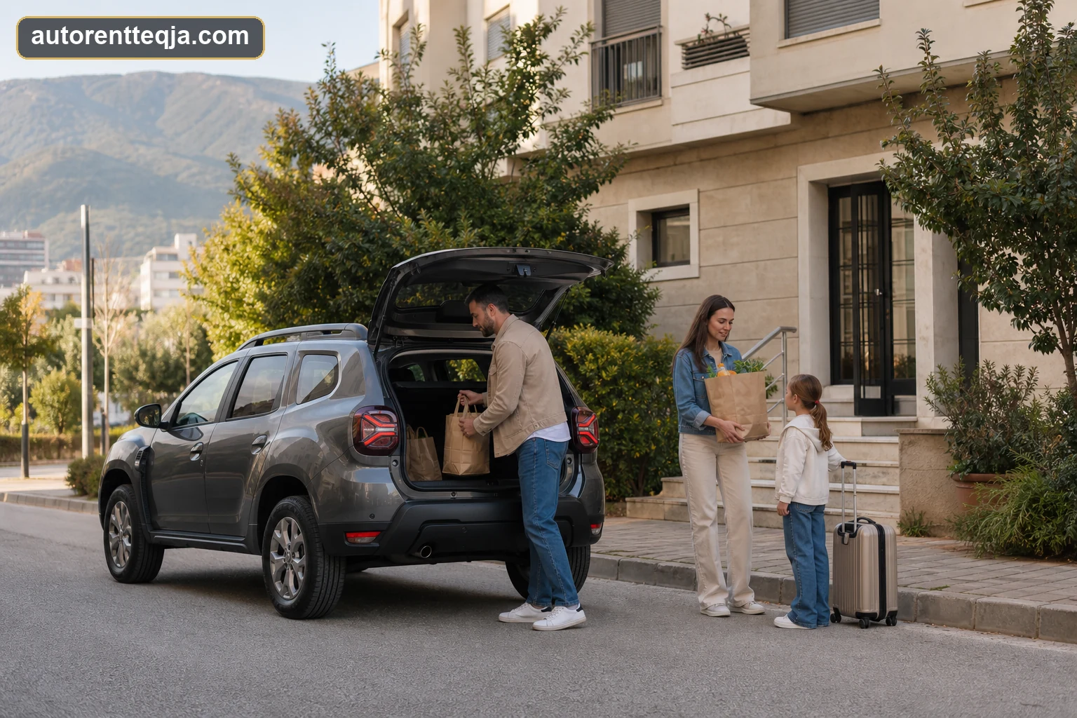 Family using an Auto Rent Teqja monthly rental car during an extended stay in Tirana