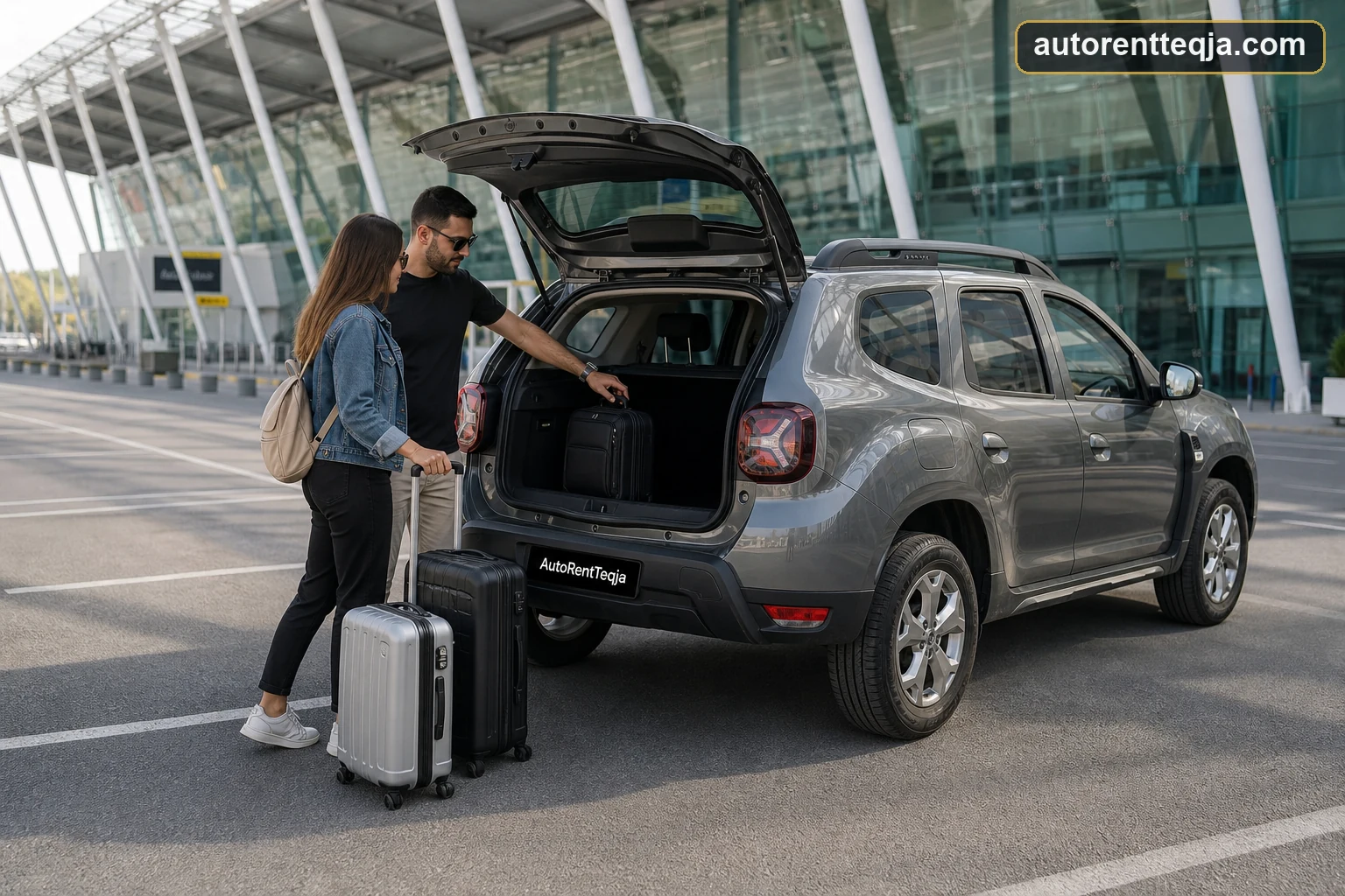Travellers checking luggage space in an Auto Rent Teqja Dacia Duster SUV at Tirana Airport