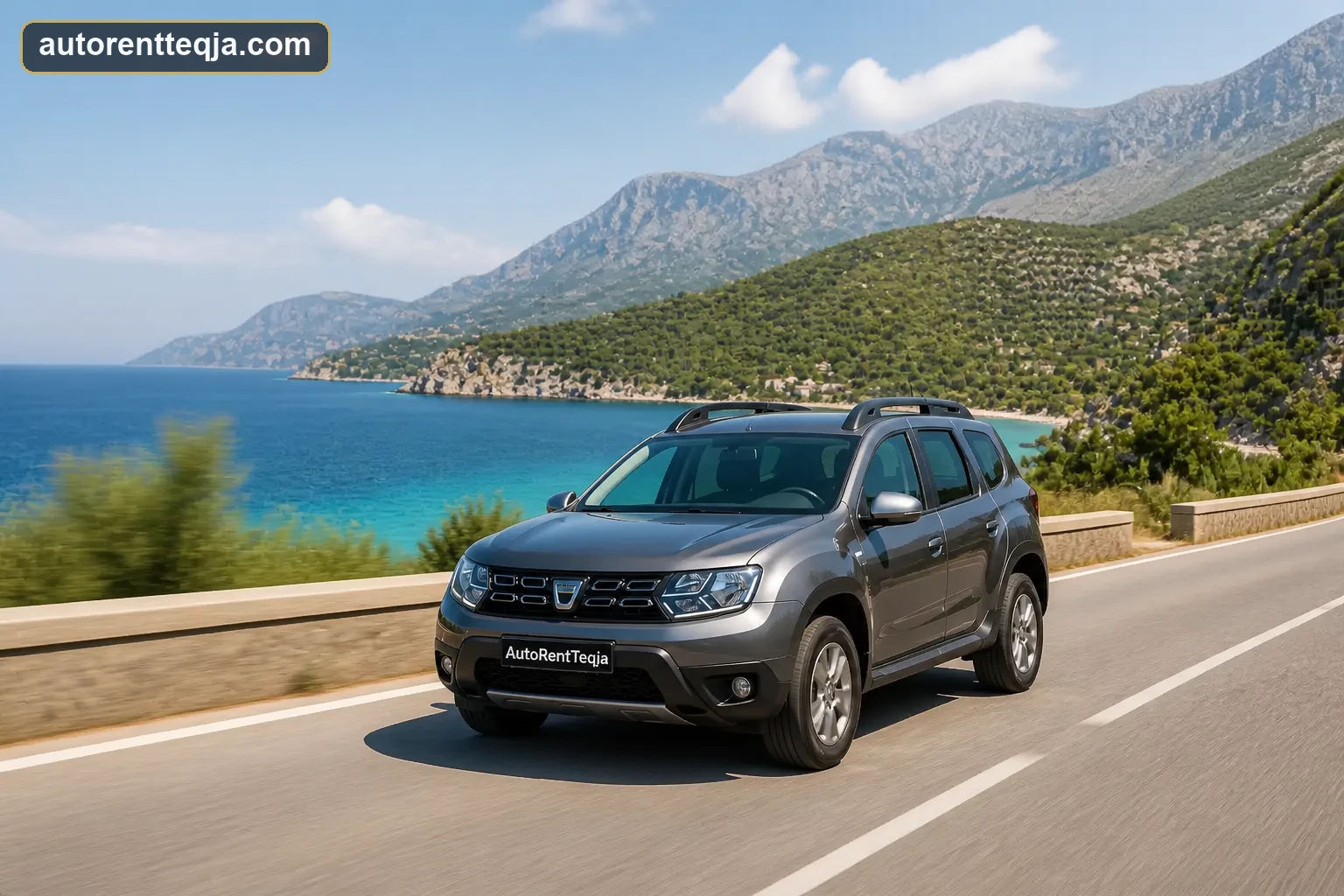Auto Rent Teqja Dacia Duster SUV driving on a paved coastal road in Albania
