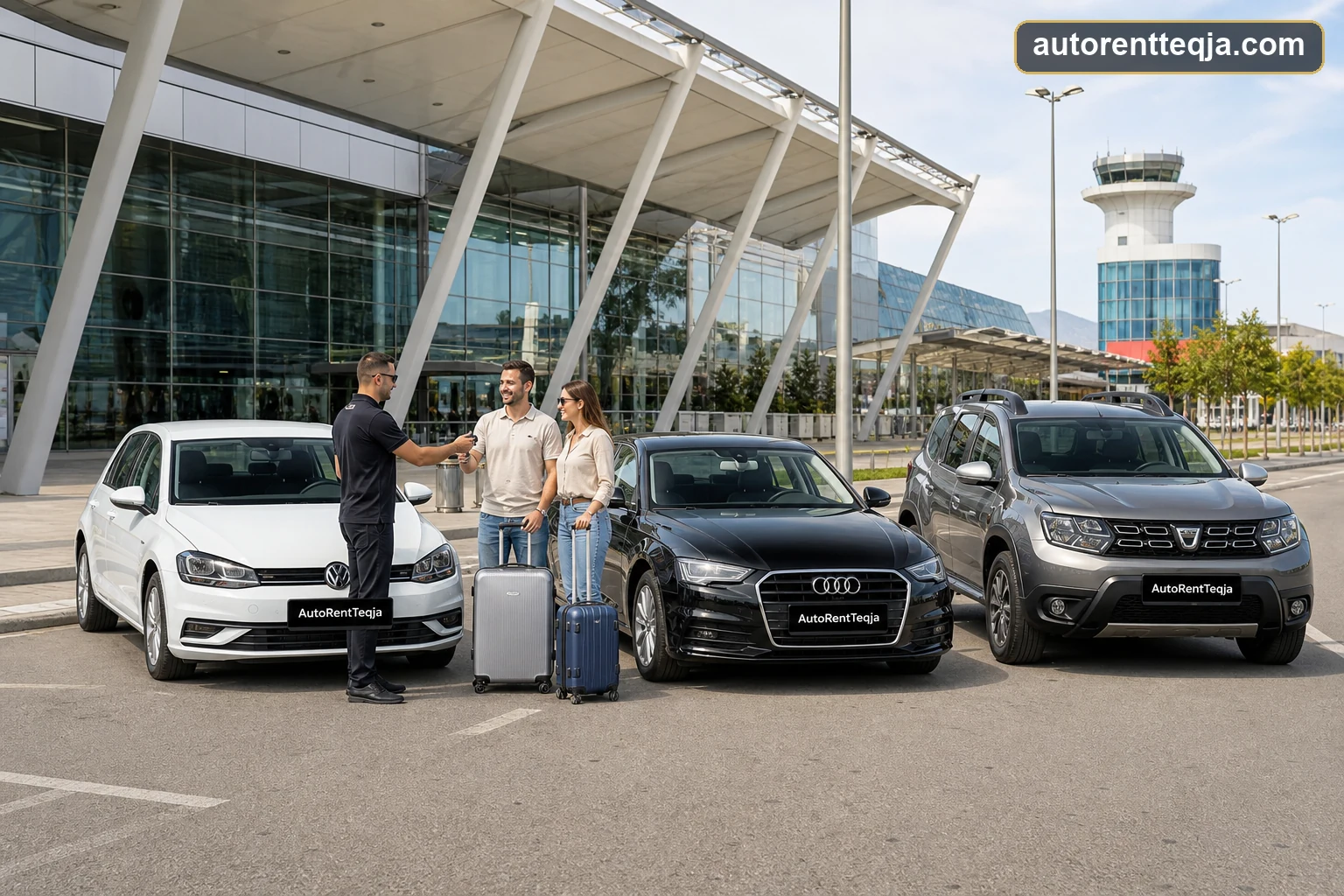 Auto Rent Teqja representative handing over a rental car at Tirana Airport beside the real fleet
